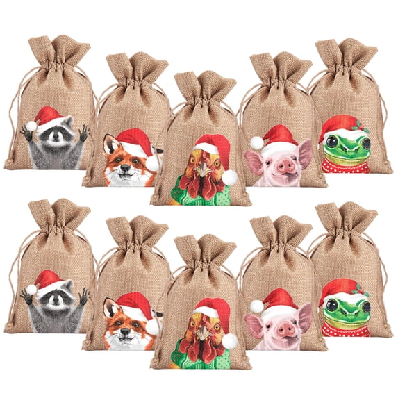 WIRESTER 10 Pieces Gift Bags Christmas Drawstring Bag Christmas Linen Fabric Drawstring Bag Washable Xmas Bag for Candy Wrapper Christmas Party Favor - Animals With Christmas Hat