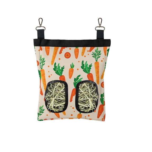 WIRESTER 11"×9" Oxford Hanging Hay Feeder – Guinea Pig / Rabbit / Chinchilla Hay Storage Bag with Dual Openings & Back Hooks – Cheerful Carrots