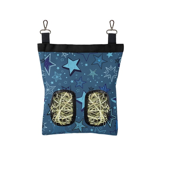 WIRESTER 11"×9" Oxford Hanging Hay Feeder – Guinea Pig / Rabbit / Chinchilla Hay Storage Bag with Dual Openings & Back Hooks – Multi-Stars Pattern