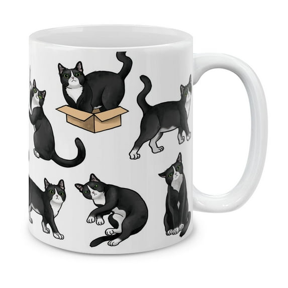 WIRESTER 11oz 325ml Ceramic Tea Cup Coffee Mug With Handgrip For Gift, Birthday, Anniversary, Christmas - Black White Tuxedo Cat Playful Postures