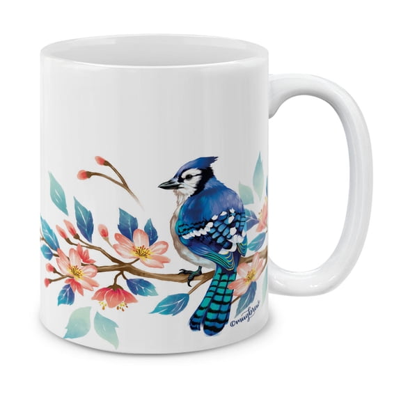 WIRESTER 11oz 325ml Ceramic Tea Cup Coffee Mug With Handgrip For Gift, Birthday, Anniversary, Christmas - Blue Jay Birds