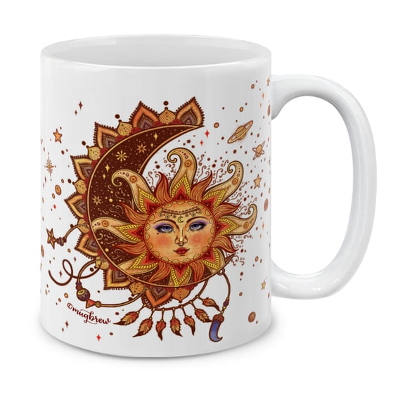 WIRESTER 11 Oz Ceramic Tea Cup Coffee Mug, Boho Sun Rising From Moonlight