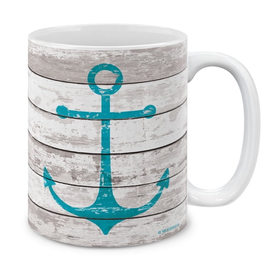 WIRESTER 11 Oz Ceramic Tea Cup Coffee Mug, White Rustic Wood-Look Anchor