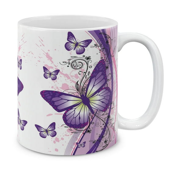 WIRESTER 11 Oz Ceramic Tea Cup Coffee Mug With Handgrip for Gifts, 2 Tone Purple Butterfly