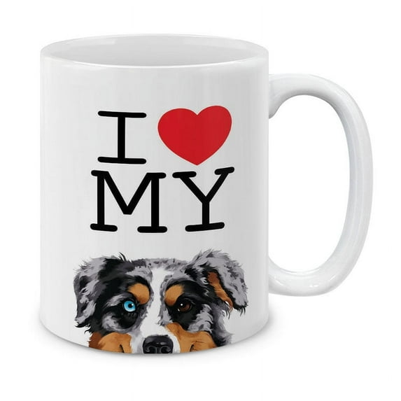 WIRESTER 11 Oz Ceramic Tea Cup Coffee Mug With Handgrip for Gifts, I Love My Merle Aussie Australian Shepherd Dog