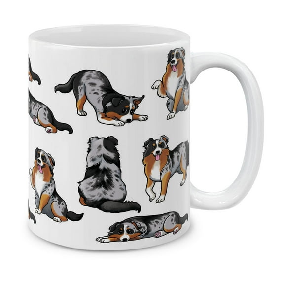 WIRESTER 11oz 325ml Ceramic Tea Cup Coffee Mug With Handgrip For Gift, Birthday, Anniversary, Christmas - Australian Shepherd Funny Playful Postures