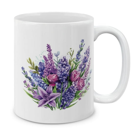 WIRESTER 11oz 325ml Ceramic Tea Cup Coffee Mug With Handgrip For Gift, Birthday, Anniversary, Christmas - Purple Lavender Flowers