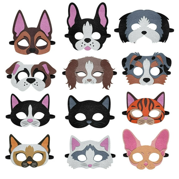 WIRESTER 12 Pack Felt Party Masks, Fun Party & Birthday Dress Up Supplies - Dog & Cat Breeds