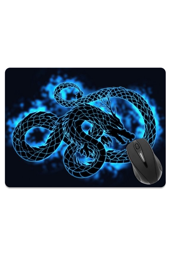 13.77x10.23 in Rectangle Mouse Pad with Non-Slip Rubber Base for Computers, Laptop, Office & Home - Black Dragon Blue Glow
