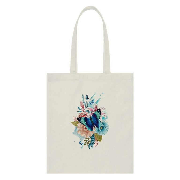 Wirester 14.17 x 12.2 Inches Cotton Tote Bag Reusable Grocery Shopping Cloth Bags Blue Butterfly Flower Yellow