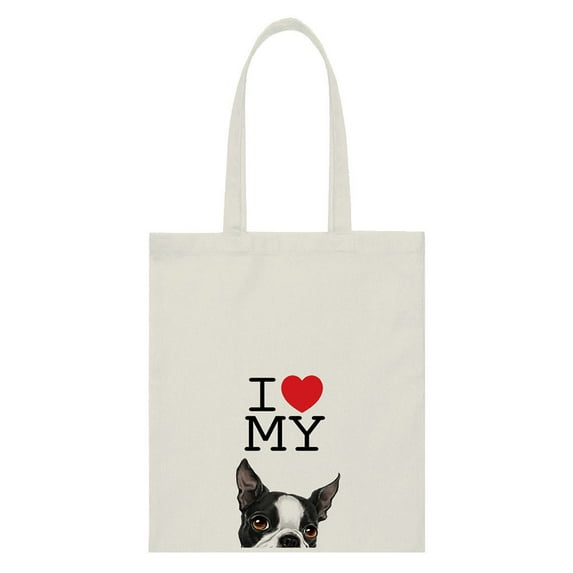 WIRESTER 14.17 x 12.2 inches Cotton Tote Bag Reusable Grocery Shopping Cloth Bags - I Love My Boston Terrier Dog
