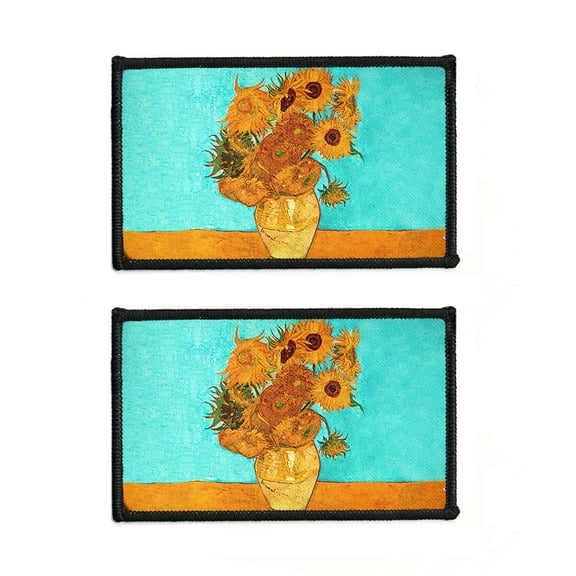 WIRESTER 2-Pack 3.15" Rectangle Embroidered Logo Patches – Iron-On/Sew-On Appliques with Black Border for Hats, Jackets, Shirts, Vests & Jeans - Sunflowers Vincent Willem Van Gogh