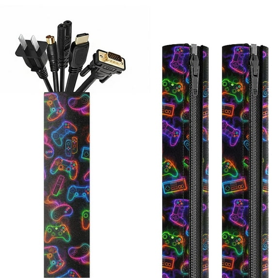WIRESTER 2 Pack Cable Management Sleeves, 17.7" Zipper Cord Organizer & Wire Hider for TV/PC – Neon Game Controllers Pattern