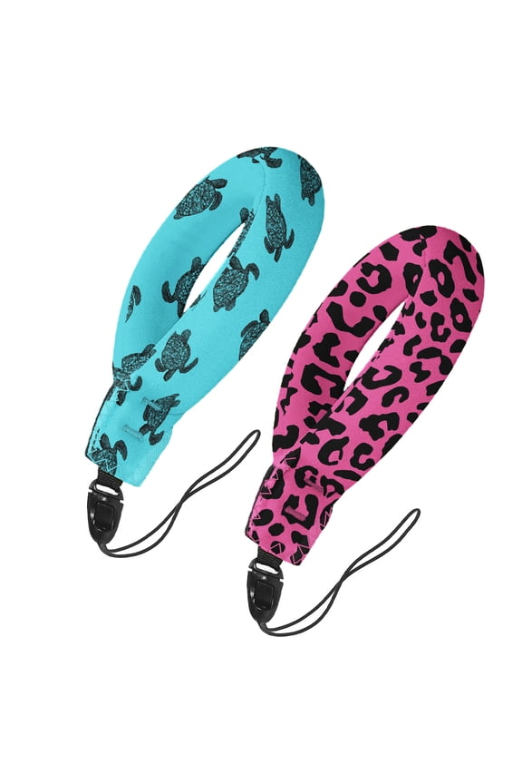 2 Pack Camera Float Wrist Strap with Waterproof Phone Pouch & Keychain for Boating & Swimming - Ocean Sea Turtles & Black / Hot Pink Leopard