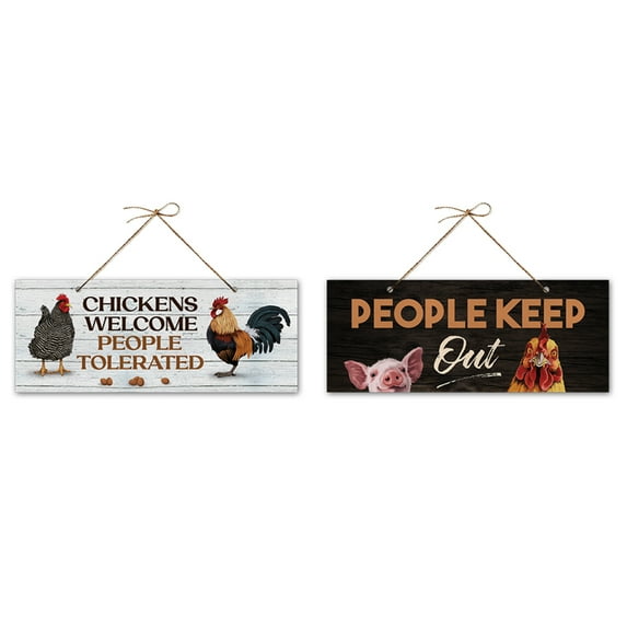 WIRESTER (2 Pack) Rectangle Wooden Hanging Sign Plaque with Rope For Decorative Room Door Wall Home House Office - Chickens Welcome People Tolerated, People Keep Out