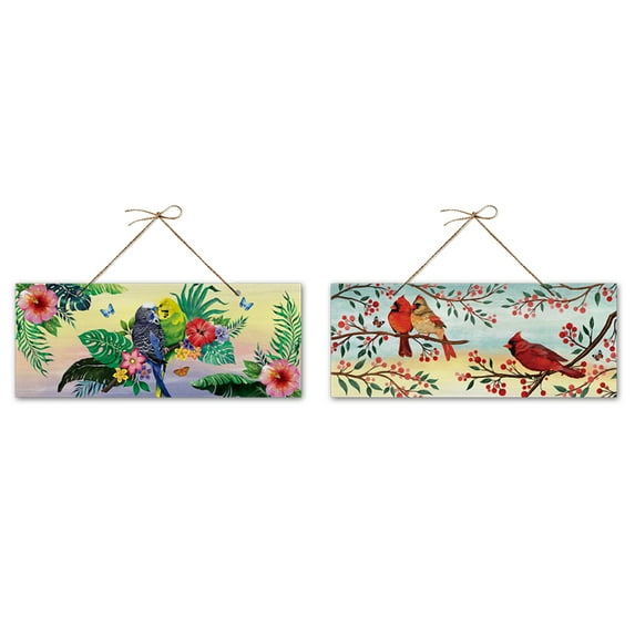 WIRESTER (2 Pack) Rectangle Wooden Hanging Sign Plaque with Rope For Decorative Room Door Wall Home House Office - Red Cardinal Birds, Budgie Parakeet Lovebird