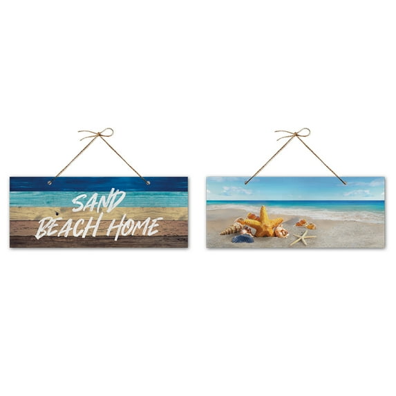 WIRESTER (2 Pack) Rectangle Wooden Hanging Sign Plaque with Rope For Decorative Room Door Wall Home House Office - Sand Beach Home, Seashells On The Beach