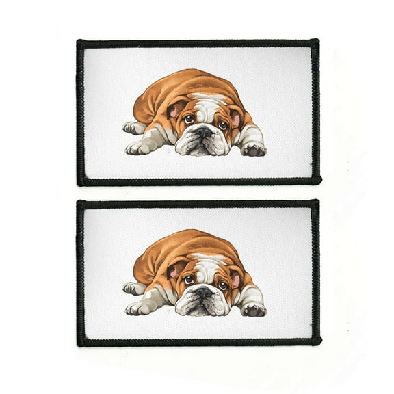WIRESTER 2 Pcs 3.15" Rectangle Logo Sew Ironed On Badge Embroidery Applique Patch With Black Border for Hats, Jackets, Shirts, Vests and Jeans - English Bulldog Dog Lying Down Looking Up