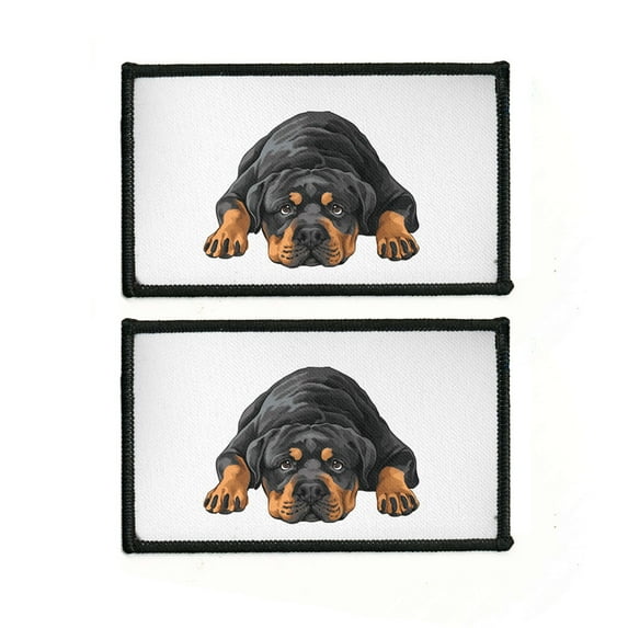 WIRESTER 2 Pcs 3.15" Rectangle Logo Sew Ironed On Badge Embroidery Applique Patch With Black Border for Hats, Jackets, Shirts, Vests and Jeans - Rottweiler Dog Lying Down Looking Up