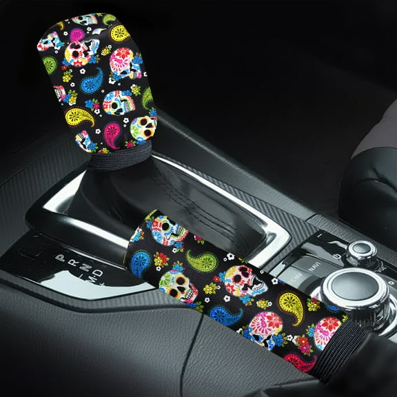 WIRESTER 2 Pcs Neoprene Gear Shift Knob Cover Car Handbrake Gear Shift Knob Protector Cover Set, Universal Interior Handle Brake Decoration for Cars SUVs Sedans - Colorful Sugar Skulls