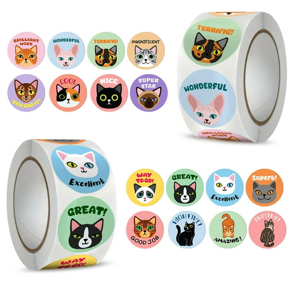 WIRESTER 2 Rolls Reward Stickers for Kids, 1 inch School Stickers, Teacher Supplies for Classroom, Motivational Stickers, Self-Adhesive - Cat