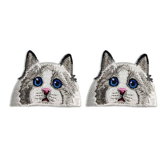 WIRESTER 2pcs Set 2" x 1.61" Logo Sew Ironed On Badge Embroidery Applique Patch, DIY Vintage Embroidered Patches, for Hats, Jackets, Shirts, Vests and Jeans - White Silver Point Ragdoll Cat