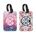 thumbnail image 1 of WIRESTER 2pcs Set Customized Personalized Text PU Leather Luggage Tags Privacy Label Flap for Travel Suitcase Baggage - Watercolor Flower Gliter Pink Blue Background and Circle M Font, 1 of 7