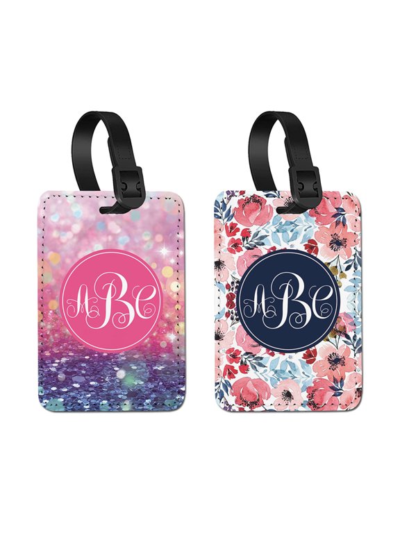 2pcs Set Customized Personalized Text PU Leather Luggage Tags Privacy Label Flap for Travel Suitcase Baggage - Watercolor Flower Gliter Pink Blue Background and She Intertwined