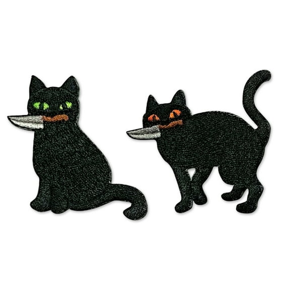WIRESTER 2pcs Set Logo Sew Ironed On Badge Embroidery Applique Patch, DIY Vintage Embroidered Patches, for Hats, Jackets, Shirts, Vests and Jeans - Black Cats With Knife