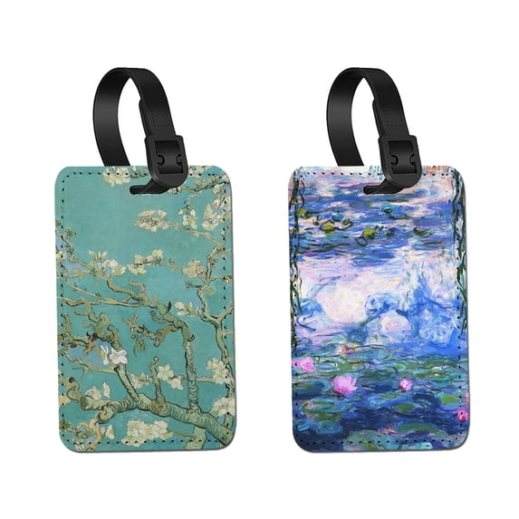 WIRESTER 2pcs Set PU Leather Luggage Tags Privacy Label Flap for Travel Suitcase Baggage - Almond Blossom Van Gogh, Claude Monet Water Lilies
