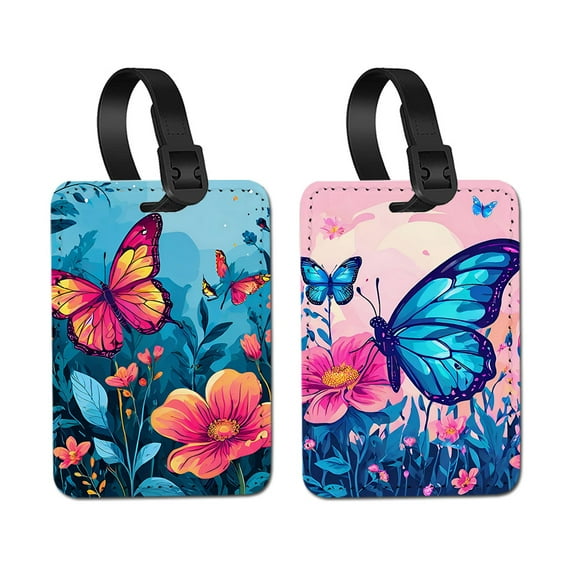 WIRESTER 2pcs Set PU Leather Luggage Tags Privacy Label Flap for Travel Suitcase Baggage - Bright Colorful Flowers & Butterfly