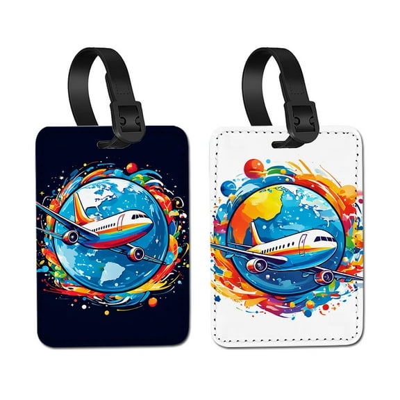 WIRESTER 2pcs Set PU Leather Luggage Tags Privacy Label Flap for Travel Suitcase Baggage - Colorful Little Airplane