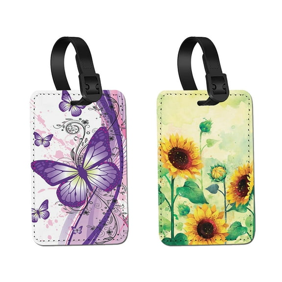WIRESTER 2pcs Set PU Leather Luggage Tags Privacy Label Flap for Travel Suitcase Baggage - Purple Butterfly, Sunflowers
