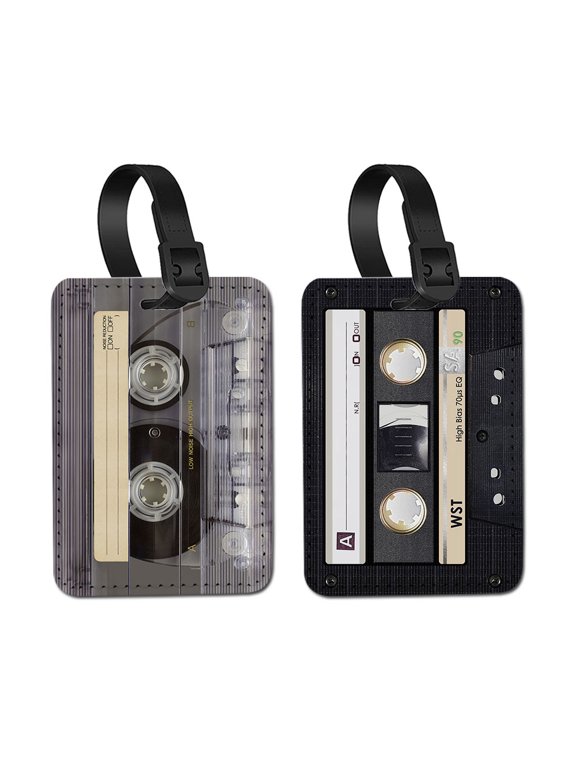2pcs Set PU Leather Luggage Tags Privacy Label Flap for Travel Suitcase Baggage - Retro Cassette Tape & Retro Black Cassette Tape