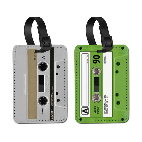 WIRESTER 2pcs Set PU Leather Luggage Tags Privacy Label Flap for Travel Suitcase Baggage - Retro White Cassette Tape & Green Cassette Tape