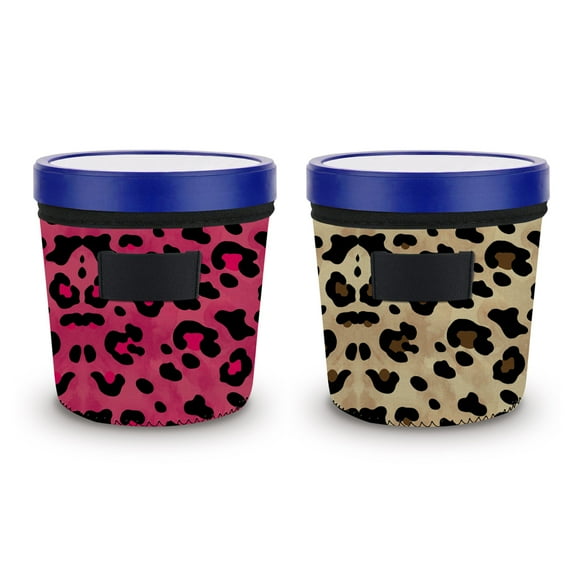 WIRESTER 2pcs Set Reusable Neoprene Ice Cream Sleeve Holder Spoon Holder Insulator Cream Sorbet Sleeve Accessory - Hot Pink Leopard Pattern & Leopard Pattern