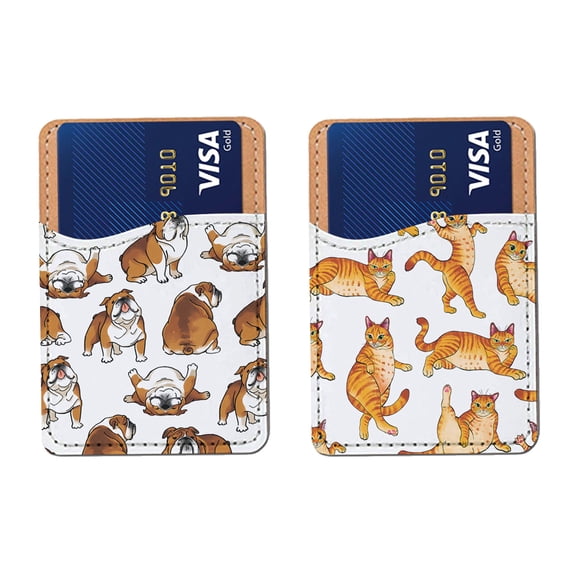 WIRESTER 2pcs Set Self-Adhesive PU Leather Card Holder Stick on Pocket Credit Card Case Pouch Wallet for Apple Samsung Motorola LG Smart Phones - Dog Cat Funny Playful Postures