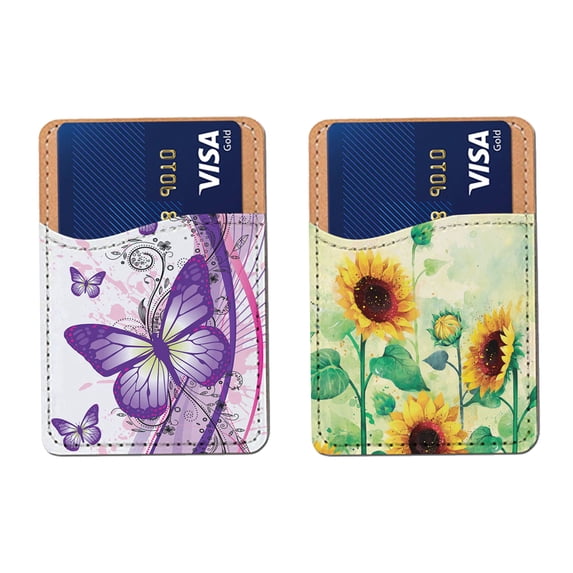 WIRESTER 2pcs Set Self-Adhesive PU Leather Card Holder Stick on Pocket Credit Card Case Pouch Wallet for Apple Samsung Motorola LG Smart Phones - Purple Butterfly, Sunflowers