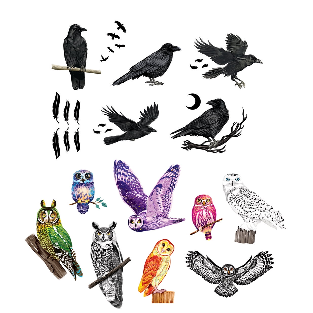 WIRESTER 2pcs Set Vinyl Decal Sticker For Notebook, Ipad - Ravens Crows, Colorful Owls