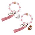 thumbnail image 1 of WIRESTER 2pcs Set White Chihuahua Dog & Cavalier King Charles Spaniels Dog Rose Quartz Beaded Bracelet Keychain With Tassel & Round Glitter Silver Key Ring Car Key Chain Wristlet For Women Girls, 1 of 5