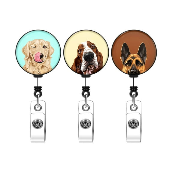 WIRESTER 3-Pack Retractable ID Badge Reels with Glass Design and Swivel Alligator Clip For Office Staff, Nurses, Teachers, Doctors, and Students - Dog Face Set