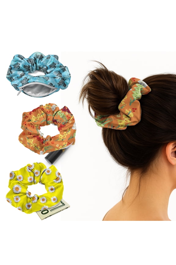 3 Pack Satin Scrunchies With Pocket for Women, Soft Satin Fabric Hair Ties Elastic Bands for Girls & Teens - Ocean Sea Turtles / Daisy Pattern Yellow / Flowers Pattern Orange
