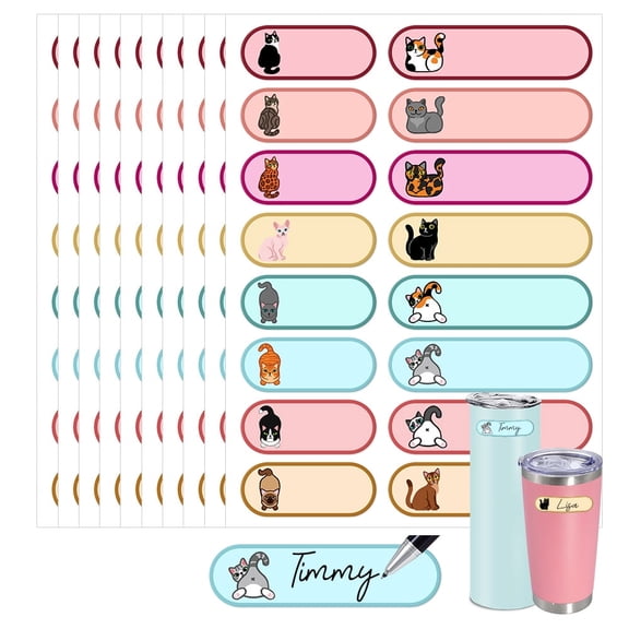WIRESTER 320pcs Waterproof Bottle Labels for Baby Bottle, Colored Personalized Self Adhesive Label Stickers for Daycare, School Organization Food Containers - Cat