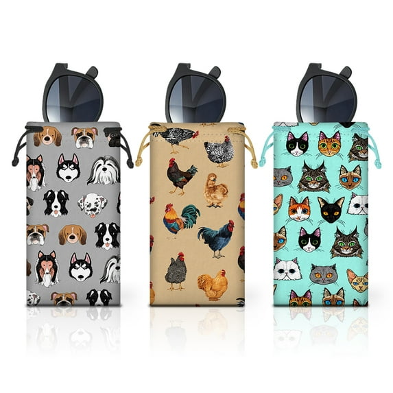 WIRESTER 3pcs Set Polyester Sunglasses Carrying Pouch Case Bag with Drawstring Closure - Animal Pattern