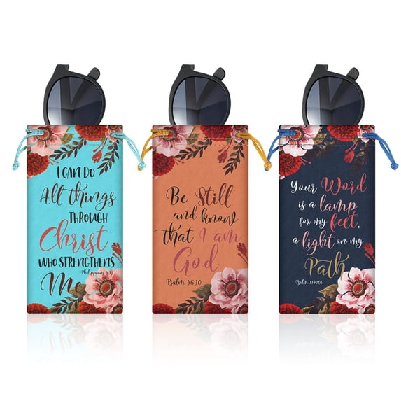 WIRESTER 3pcs Set Polyester Sunglasses Carrying Pouch Case Bag with Drawstring Closure - Philippians 4:13, Psalm 46:10, Psalm 119:105