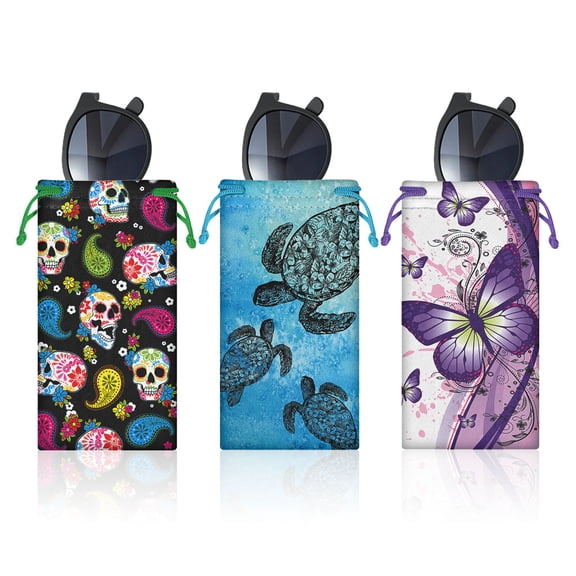 WIRESTER 3pcs Set Polyester Sunglasses Carrying Pouch Case Bag with Drawstring Closure - Purple Butterfly, Sea Turtles and Colorful Skulls