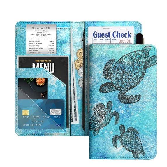 WIRESTER 4.7 x 9 Inch Server Book for Waitress, Waiter Wallet with Zipper Pocket & Magnetic Closure, Restaurant Waitstaff Organizer – Ocean Sea Turtles
