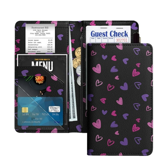 WIRESTER 4.7 x 9 Inch Server Book for Waitress, Waiter Wallet with Zipper Pocket & Magnetic Closure, Restaurant Waitstaff Organizer – Purple Tone Hearts Pattern