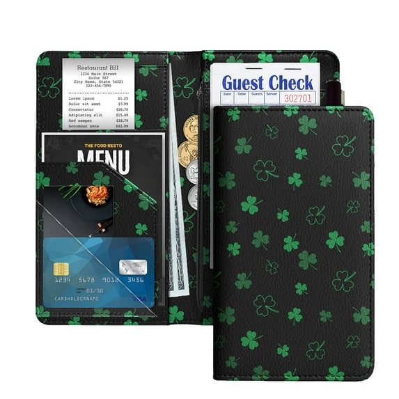 WIRESTER 4.7 x 9 Inch Server Book for Waitress, Waiter Wallet with Zipper Pocket & Magnetic Closure, Restaurant Waitstaff Organizer – Shamrock Clover Leaves