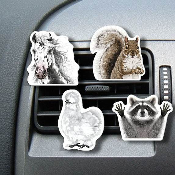 WIRESTER 4pcs Car Air Freshener Fragrance Vent Clip for Cars (Lemon Scented Pad) - Black White Appaloosa Horse & Brown Gray Squirrel & White Silkie Chicken & Raccoon Hands Out
